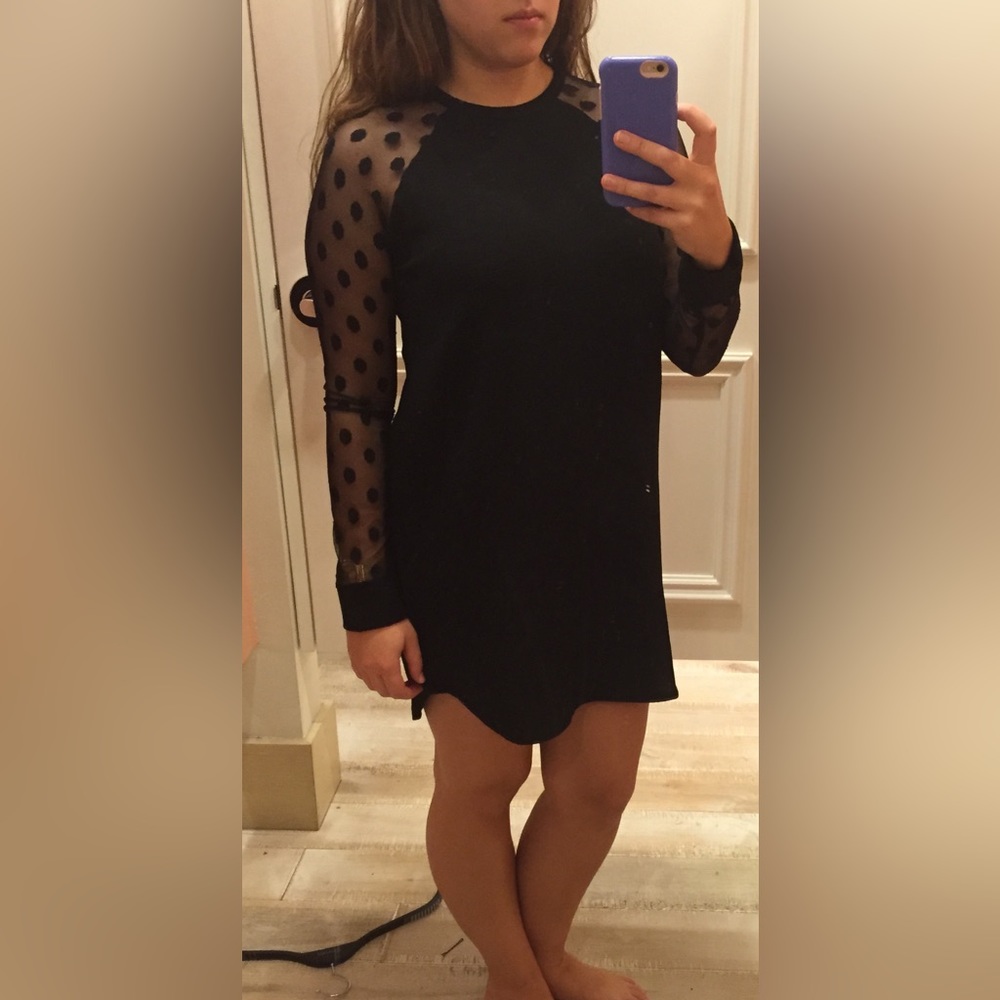 Black Long Sleeve Polka Dot Mini Dress - M